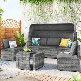 5 Pieces Outdoor Sectional Patio Rattan Sofa Set Rattan Daybed , PE Wicker Conversation Furniture Set/ Canopy and Tempered Glass Side Table, Gray