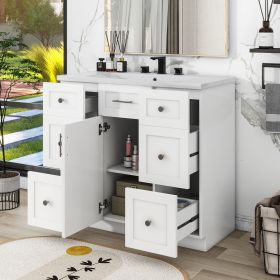 Modern White 36-Inch Freestanding Bathroom Vanity Cabinet with Resin Integrated Basin - With 4 drawers 1 Soft-Close Door, Multi-Functional Storage