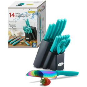 Kitchen Knife Set DISHWASHER SAFE Marco Almond KYA27 14PC Rainbow Kitchen Knife Block Set,Titanium Cutlery Knife Set,Teal