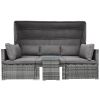 5 Pieces Outdoor Sectional Patio Rattan Sofa Set Rattan Daybed , PE Wicker Conversation Furniture Set/ Canopy and Tempered Glass Side Table, Gray