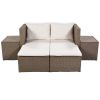 Outdoor 6-Piece Garden Furniture Set, PE Wicker Rattan Sectional Sofa Set with 2 Tea Tables, Brown Wicker+Beige Cushion