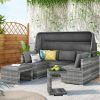 5 Pieces Outdoor Sectional Patio Rattan Sofa Set Rattan Daybed , PE Wicker Conversation Furniture Set/ Canopy and Tempered Glass Side Table, Gray