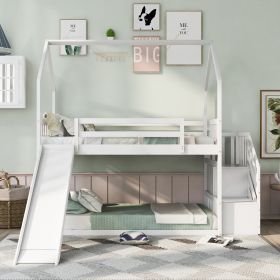 Twin-Over-Twin House Bunk Bed, Convertible Slide, Storage Staircase (Color: White)