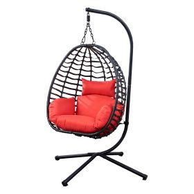 Outdoor Rattan Hanging Oval Egg Chair in Stock (Color: Red)